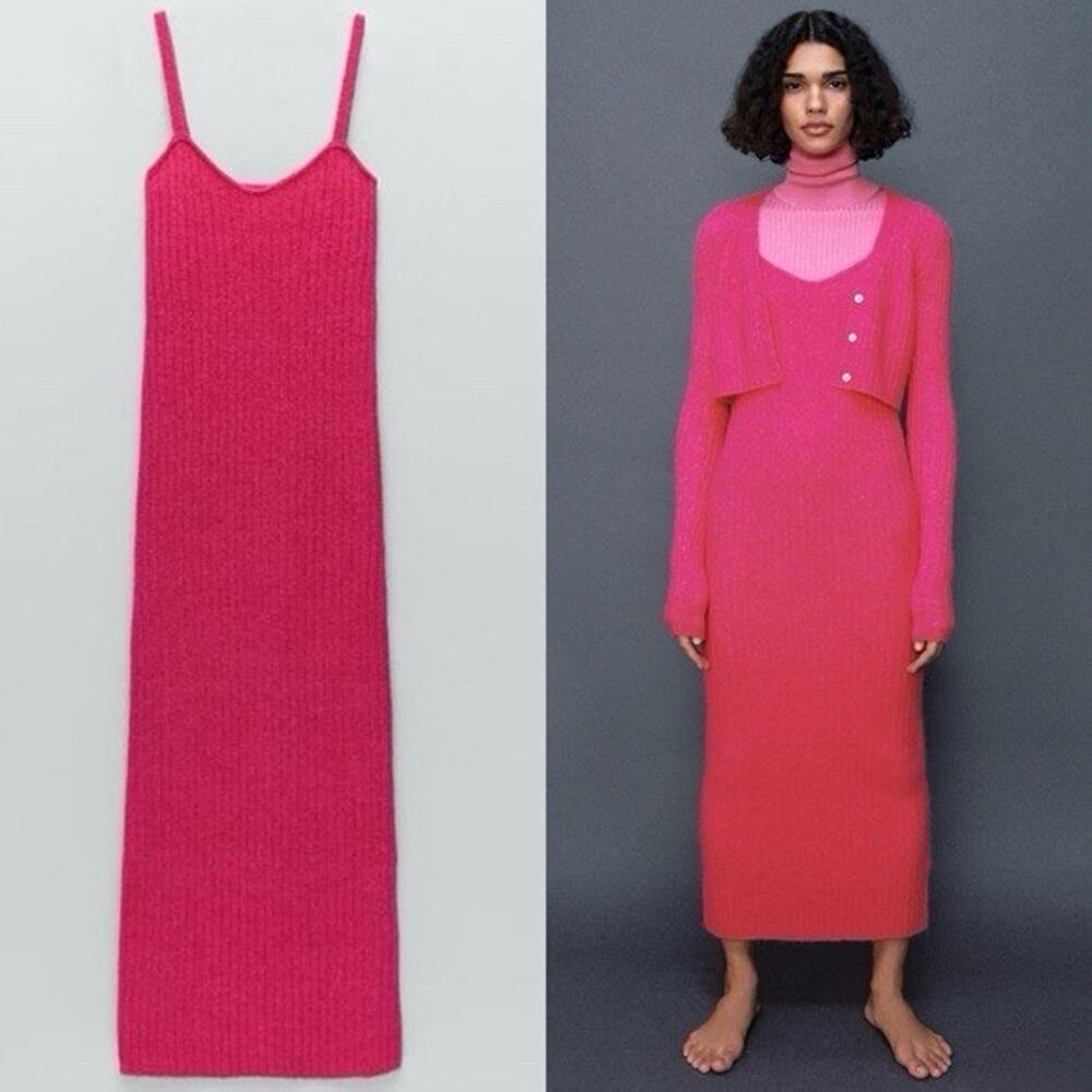 Zara Fushia Hot Punk Ribbed Maxi Bodycon Alpaca Wool Dress M
